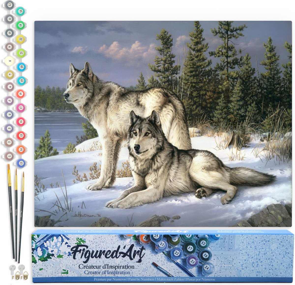 FiguredArt Schilderen op Nummer Volwassenen canvas Wolfspaar - Handwerk acrylverf Kit DIY Compleet - 40x50cm zonder frame